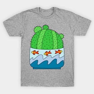 Cute Cactus Design #163: Ball Cactus In Goldfish Themed Pot T-Shirt